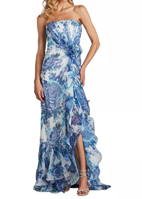 画像1: セール！Tadashi Shoji  タダシショージ  　Morwenna Oceanic Print Ruffle Gown ホワイト、ブルー系 (1)