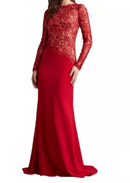 画像1: Tadashi Shoji  タダシショージ   Sorrell Embroidered Crepe Gown  レッド (1)