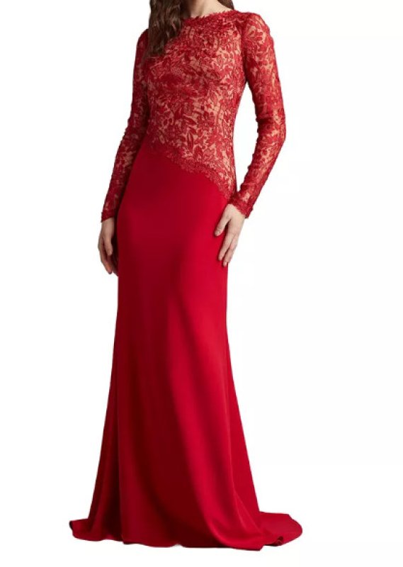 画像1: Tadashi Shoji  タダシショージ   Sorrell Embroidered Crepe Gown  レッド  13801 (1)