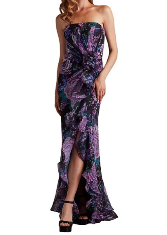 画像1: セール！Tadashi Shoji  タダシショージ  　Morwenna Oceanic Print Ruffle Gown パープル、ブラック系 (1)