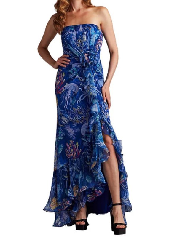 画像1: セール！Tadashi Shoji  タダシショージ  　Morwenna Oceanic Print Ruffle Gown ブルー系 (1)