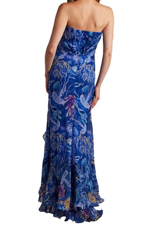 画像2: セール！Tadashi Shoji  タダシショージ  　Morwenna Oceanic Print Ruffle Gown ブルー系 (2)
