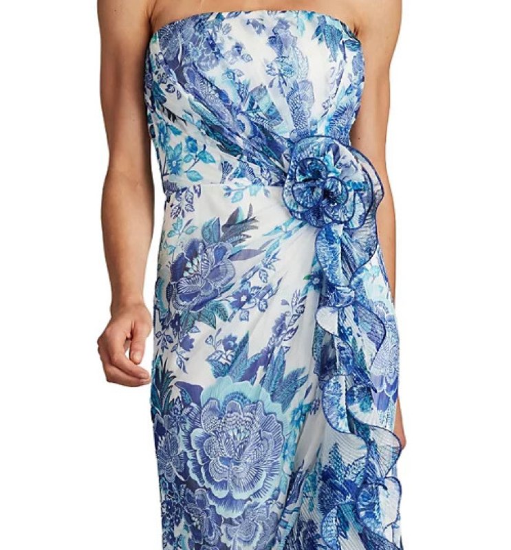 画像4: セール！Tadashi Shoji  タダシショージ  　Morwenna Oceanic Print Ruffle Gown ホワイト、ブルー系 (4)