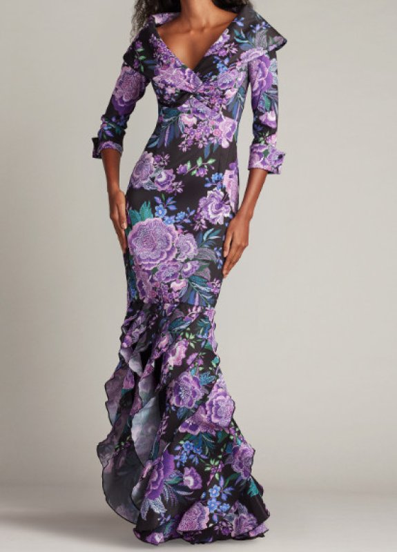 画像1: Tadashi Shoji タダシショージ  Blythe Floral Portrait Collar Gown  ブラック、パープル系 (1)