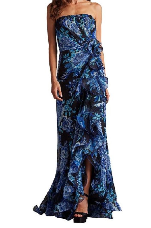 画像1: セール！Tadashi Shoji  タダシショージ  　Morwenna Oceanic Print Ruffle Gown ブラック、ブルー系 (1)