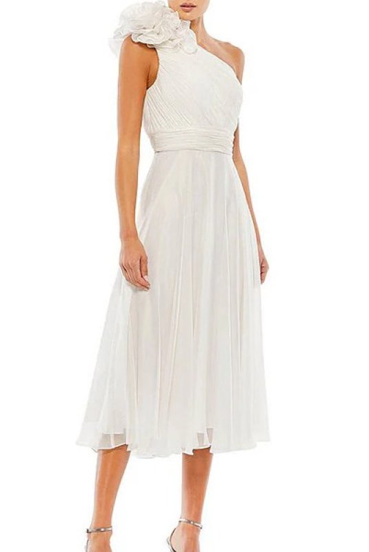 画像1: セール！Mac Duggal マックドゥガル　Rosette One Shoulder Tea Length Midi Dress　ホワイト系  13831 (1)