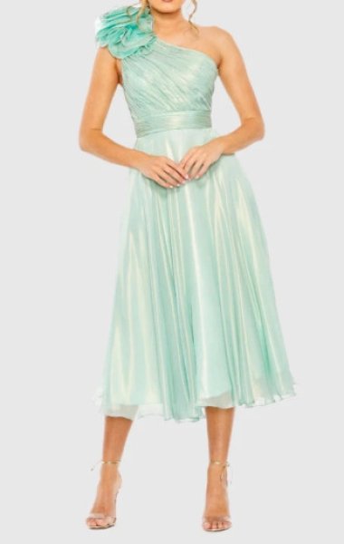 画像1: セール！Mac Duggal マックドゥガル　Rosette One Shoulder Tea Length Midi Dress　グリーン系 (1)