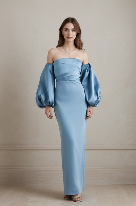 画像2: セール！【滝沢眞規子さん着用】Solace London ソレイスロンドン  Carmen off-the-shoulder satin-twill and crepe gown ブルー系  13826 (2)