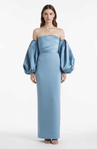 画像1: セール!【滝沢眞規子さん着用】Solace London ソレイスロンドン  Carmen off-the-shoulder satin-twill and crepe gown ブルー系  13826 (1)