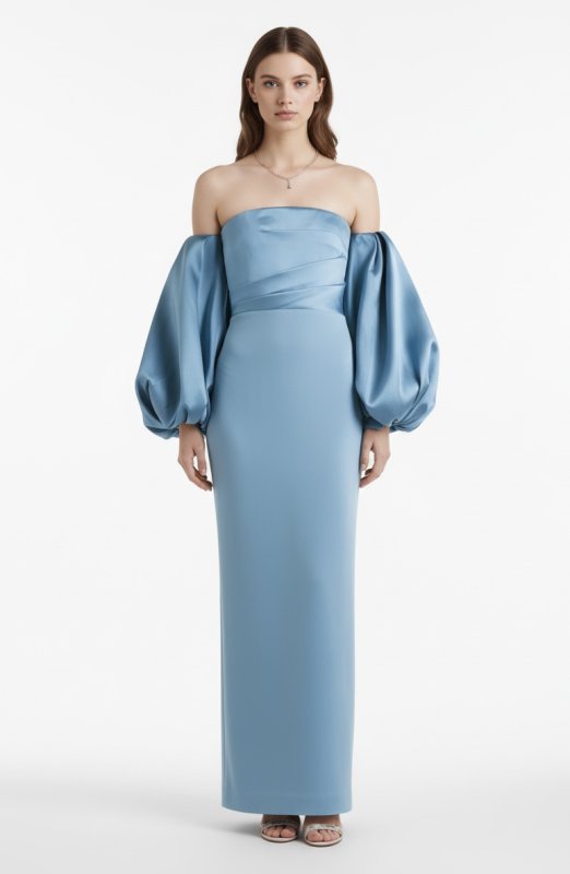 画像1: セール！【滝沢眞規子さん着用】Solace London ソレイスロンドン  Carmen off-the-shoulder satin-twill and crepe gown ブルー系  13826 (1)