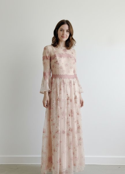 画像2: 即日発送! Marchesa Notte マルケッサノッテ 花柄刺繍レースロングドレス ピンク系  52301 (2)