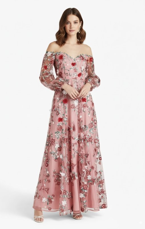 画像1: 1点のみ即発！Marchesa Notte マルケッサノッテ　花柄刺繍チュールロングドレス  05044 (1)