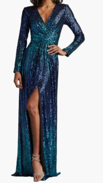 画像1: Tadashi Shoji タダシショージ    Ansel  スパンコールロングドレス　ブルー系 (1)