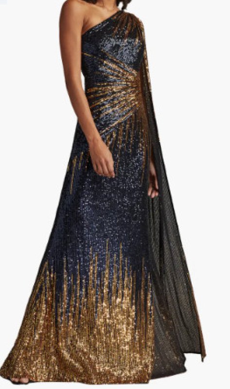 画像1: Tadashi Shoji タダシショージ   Marseille スパンコールケープスリーブドレス ネイビー、ゴールド系 (1)