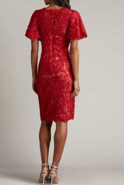 画像2: Tadashi Shoji  タダシショージ  Arnett Embroidered Flutter Sleeve Dress レッド (2)