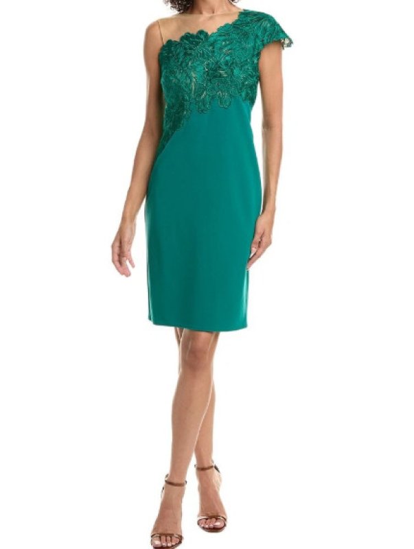 画像1: セール！Tadashi Shoji タダシショージ   Reya One-Shoulder Embroidered Illusion Dress　グリーン (1)