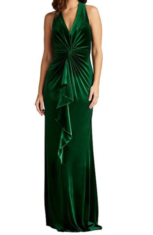 画像1: セール！Tadashi Shoji タダシショージ  　V-Neck Ruched Ruffle Front Sleeveless Velvet Gown　グリーン系    (1)