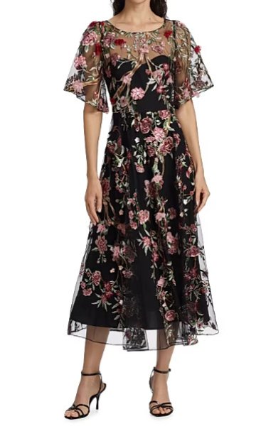 画像1: 10/3までセール！Marchesa Notte マルケッサノッテ　花柄刺繍チュールカクテルドレス　ブラック  13855 (1)