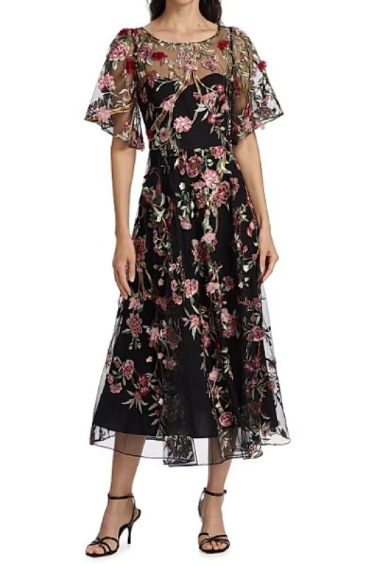 画像1: セール！Marchesa Notte マルケッサノッテ　花柄刺繍チュールカクテルドレス　ブラック  13855 (1)