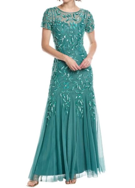 画像1: 10/13までセール！Adrianna Papell アドリアナパペル　Hand Beaded Short Sleeve Floral Godet Gown　green slate (1)