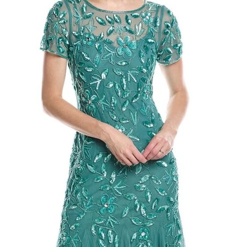 画像2: セール！Adrianna Papell アドリアナパペル　Hand Beaded Short Sleeve Floral Godet Gown　green slate (2)