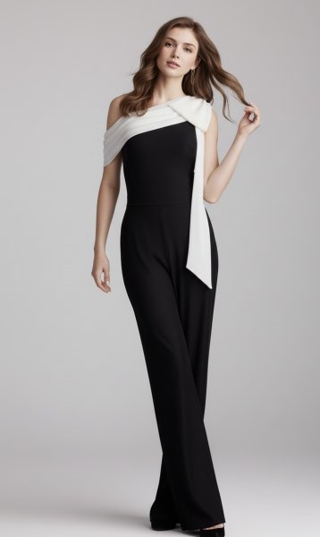 画像1: セール!【松本若菜さん着用】Tadashi Shoji タダシショージ   Sancia Bow-Shoulder ジャンプスーツ ブラック、ホワイト  08061 (1)