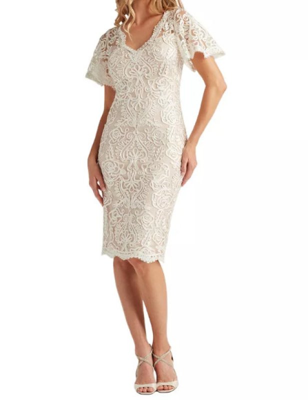 画像1: Tadashi Shoji  タダシショージ  Arnett Embroidered Flutter Sleeve Dress アイボリー (1)