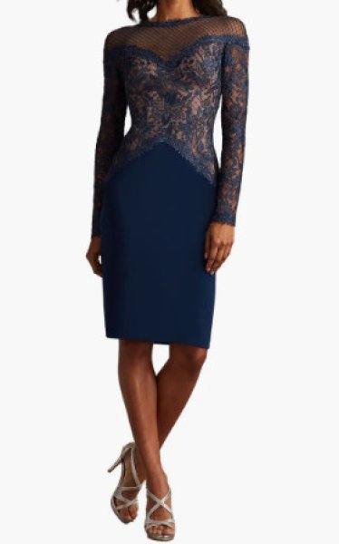 画像1: Tadashi Shoji タダシショージ Lisette 刺繍レースドレス ネイビー (1)