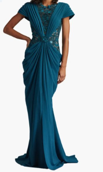 画像1: Tadashi Shoji タダシショージ  Julina Draped Overlay Embroidered Gown ブルー、グリーン系 (1)