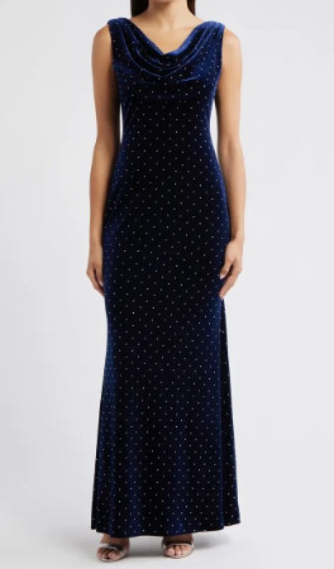 画像1: Eliza J  カウルネックベルベットガウン　ネイビー (1)