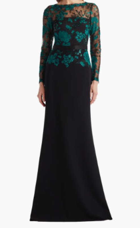 画像1:  【斉藤由貴さん着用】Tadashi Shoji  タダシショージ　Beacon Belted Embroidered Illusion Gown　ブラック、グリーン (1)