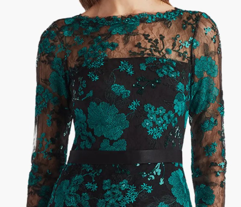 画像4:  【斉藤由貴さん着用】Tadashi Shoji  タダシショージ　Beacon Belted Embroidered Illusion Gown　ブラック、グリーン (4)