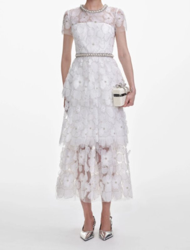 画像1: Self Portrait　セルフポートレイト  White Embellished Tulle Tiered Midi Dress (1)