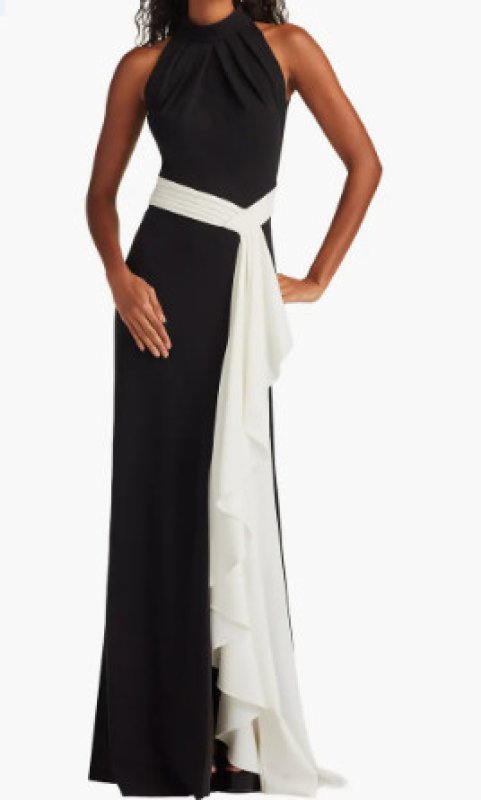 画像1: Tadashi Shoji  タダシショージ   Pexa Waterfall Sash Gown　ブラック、アイボリー  (1)