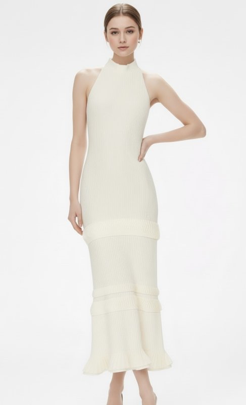 画像1: 【TWICEモモ着用】Alexis Ines オフホワイトドレス｜高級ニット・フォーマルパーティードレス (1)