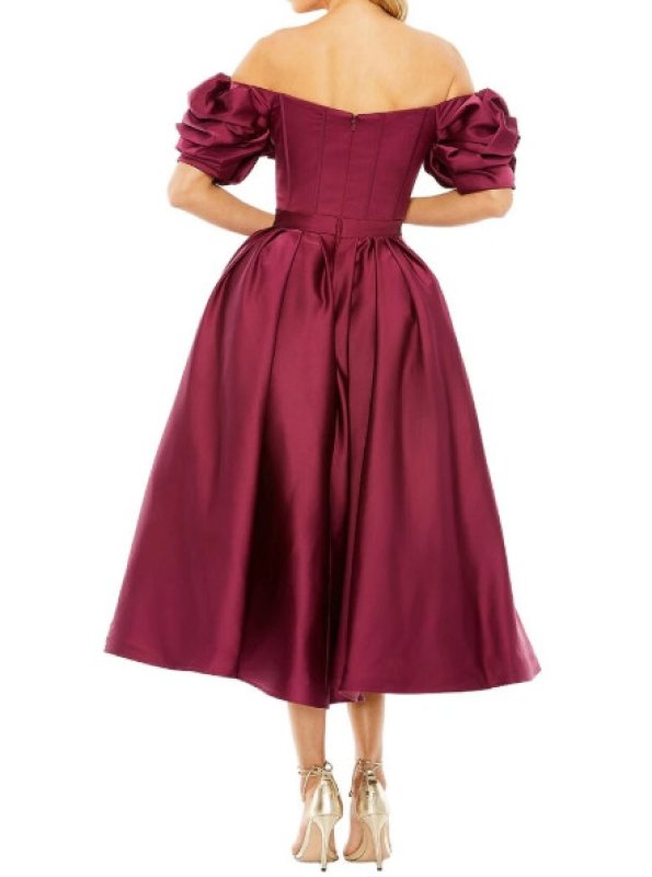 画像2: Mac Duggal オフショルダー ティーレングスドレス｜ボリュームスリーブ・ワインレッド (2)