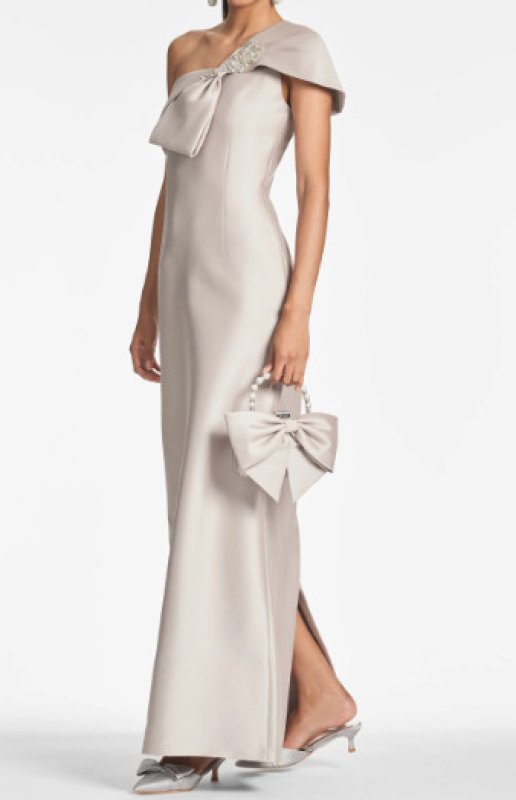 画像1: 12/23までセール！Sachin & Babi ワンショルダーリボン ロングドレス｜フォーマル・イブニング対応｜ライトグレー、シルバー (1)