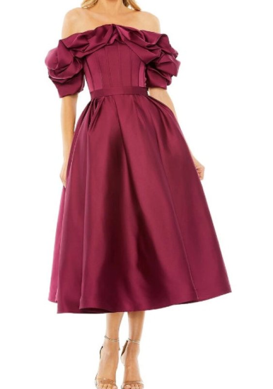 画像1: Mac Duggal オフショルダー ティーレングスドレス｜ボリュームスリーブ・ワインレッド (1)