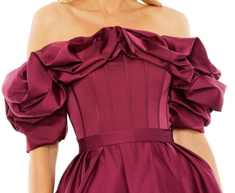 画像3: Mac Duggal オフショルダー ティーレングスドレス｜ボリュームスリーブ・ワインレッド (3)