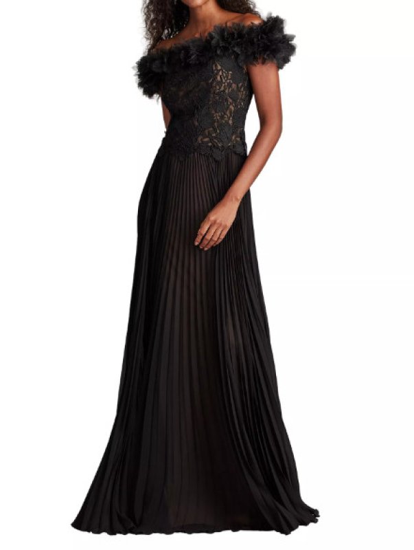 画像1: Tadashi Shoji Margaux オフショルダーフローラルラッフル ロングドレス｜ブラックフォーマル (1)