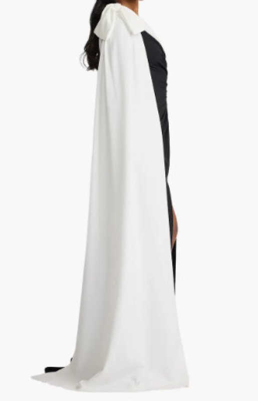 画像3:  Tadashi Shoji Romi ワンショルダー ケープボウ ロングドレス｜バイカラーフォーマル｜ブラック、ホワイト (3)