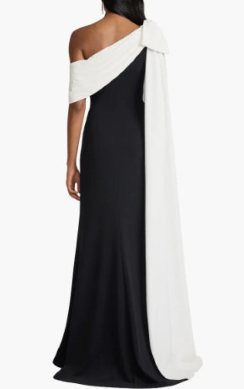 画像2:  Tadashi Shoji Romi ワンショルダー ケープボウ ロングドレス｜バイカラーフォーマル｜ブラック、ホワイト (2)
