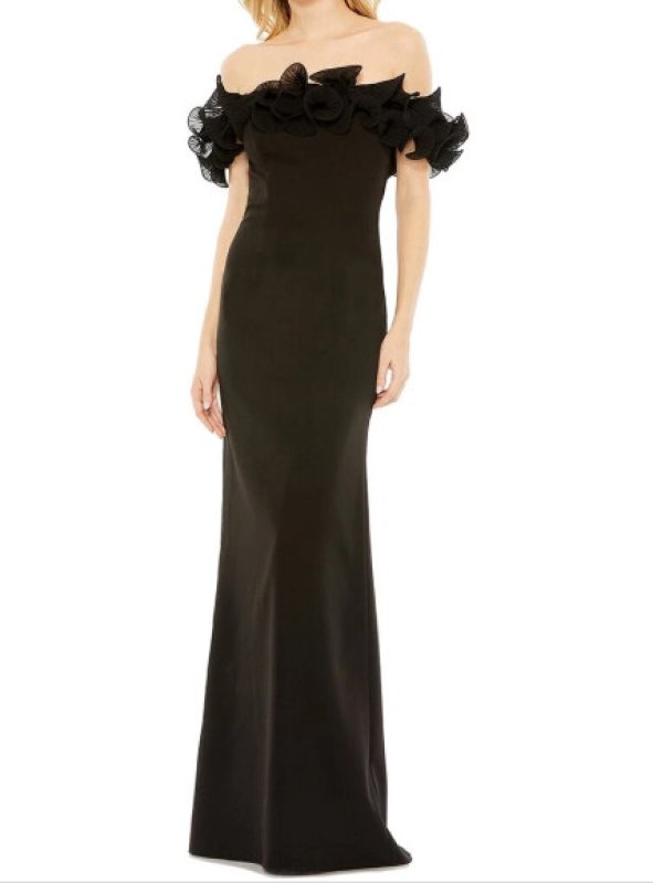 画像1: Mac Duggal フリルオフショルダー ロングドレス｜ブラック イブニングガウン (1)