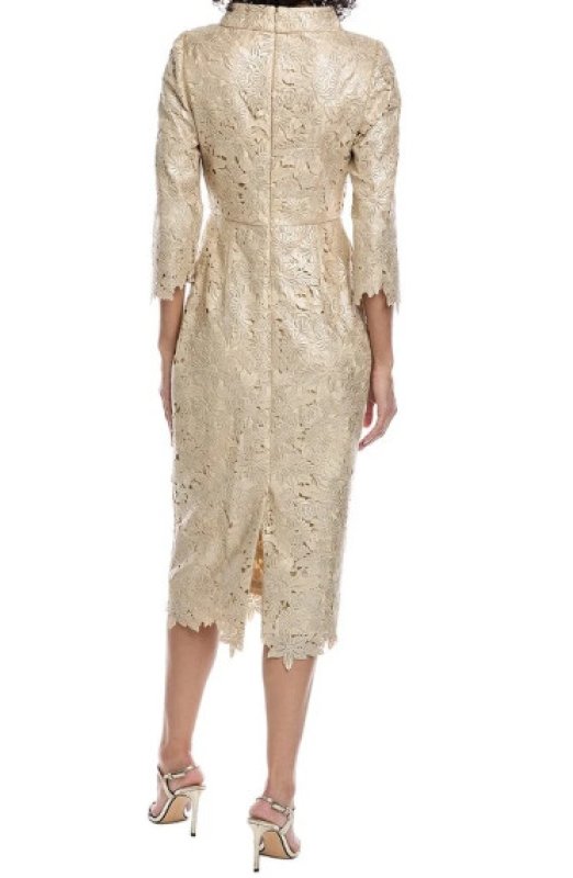 画像4: Badgley Mischka ゴールド総レース ハイネック七分袖ドレス｜上品カクテルドレス (4)