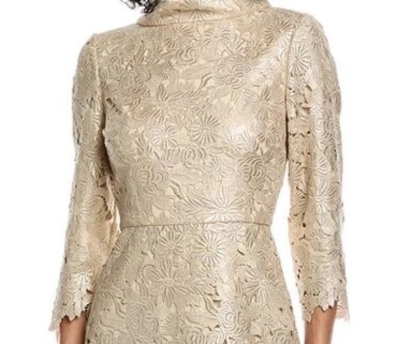 画像5: Badgley Mischka ゴールド総レース ハイネック七分袖ドレス｜上品カクテルドレス (5)