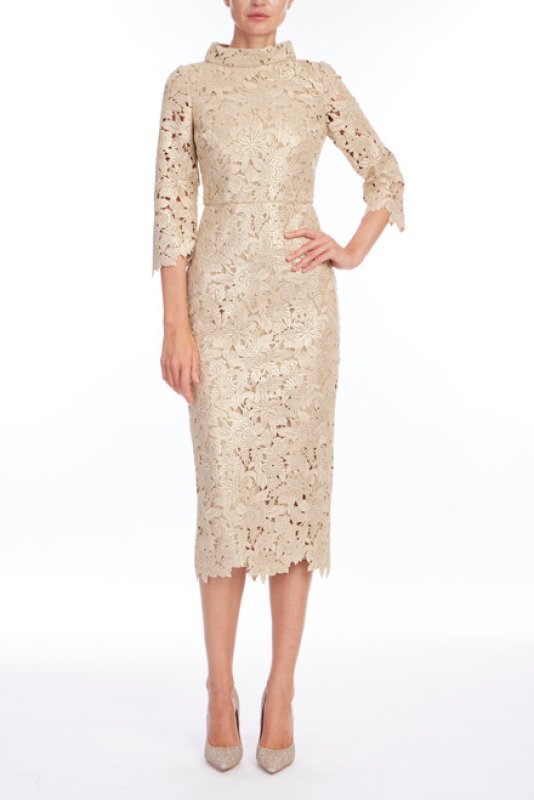 画像1: Badgley Mischka ゴールド総レース ハイネック七分袖ドレス｜上品カクテルドレス (1)
