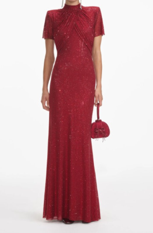 画像1: Self-Portrait ラインストーンメッシュ マキシドレス｜パーティー・演奏会向け レッド (1)