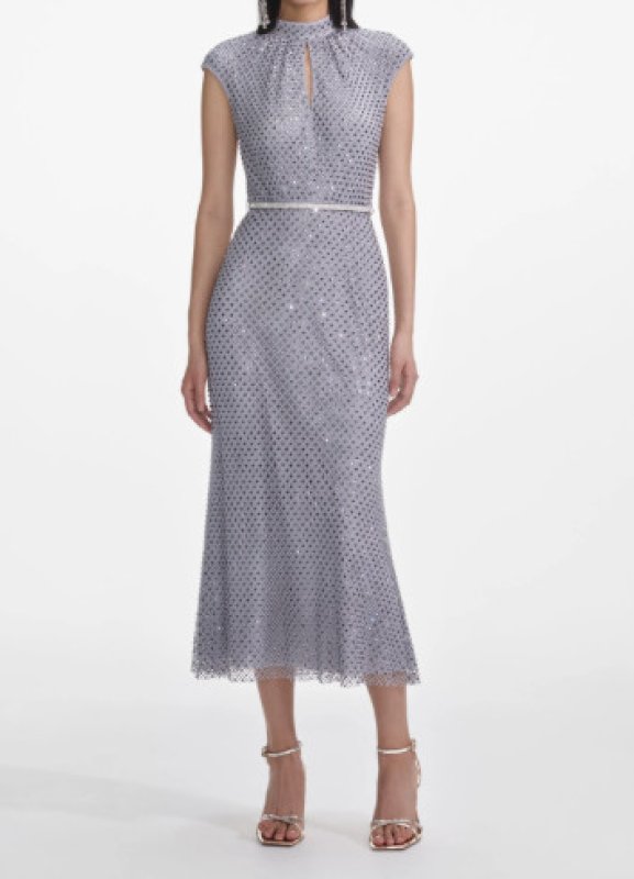 画像1: Self Portrait フィッシュネット ラインストーン ミディドレス｜グレー パーティードレス (1)