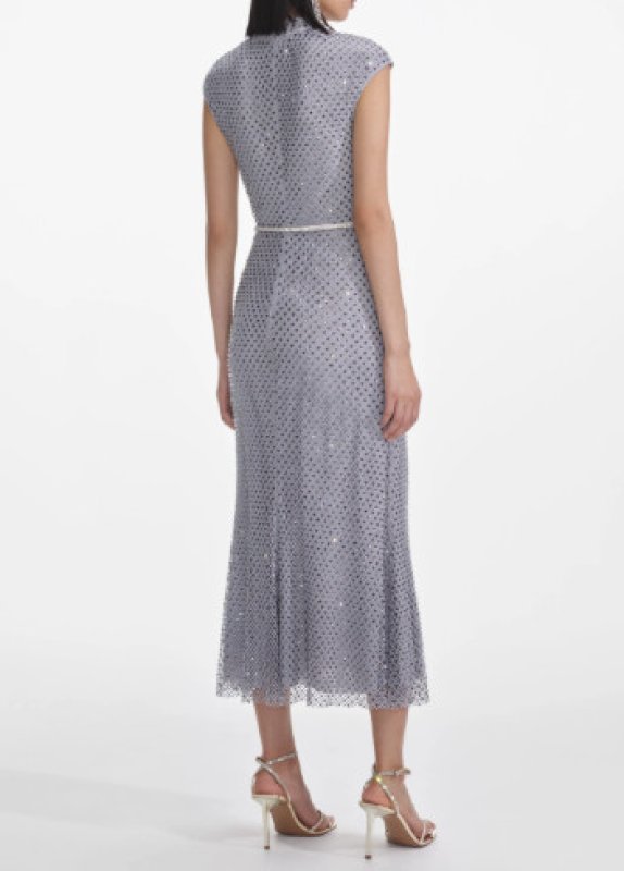 画像2: Self Portrait フィッシュネット ラインストーン ミディドレス｜グレー パーティードレス (2)