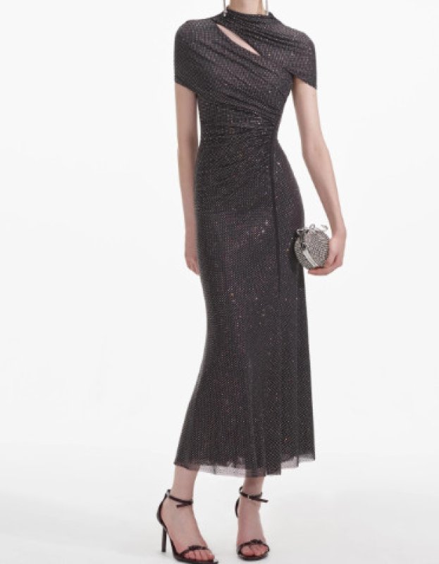 画像1: Self-Portrait ラインストーンメッシュ カットアウト ミディドレス｜スレートグレー (1)